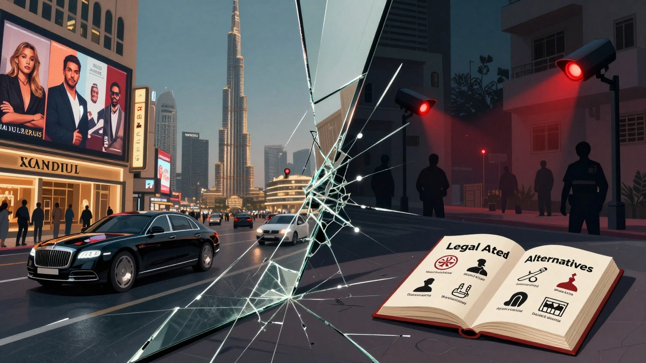 A fractured mirror shows glamorous Dubai ads on one side and shadowy legal risks on the other, with wellness icons on the ground.