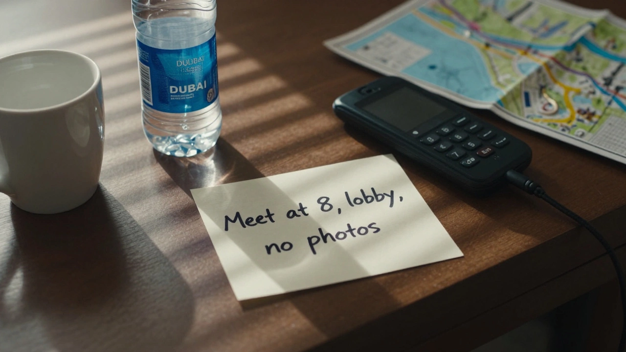 A handwritten note on a hotel desk reads &#039;Meet at 8, lobby, no photos&#039; with a prepaid phone and water bottle nearby.